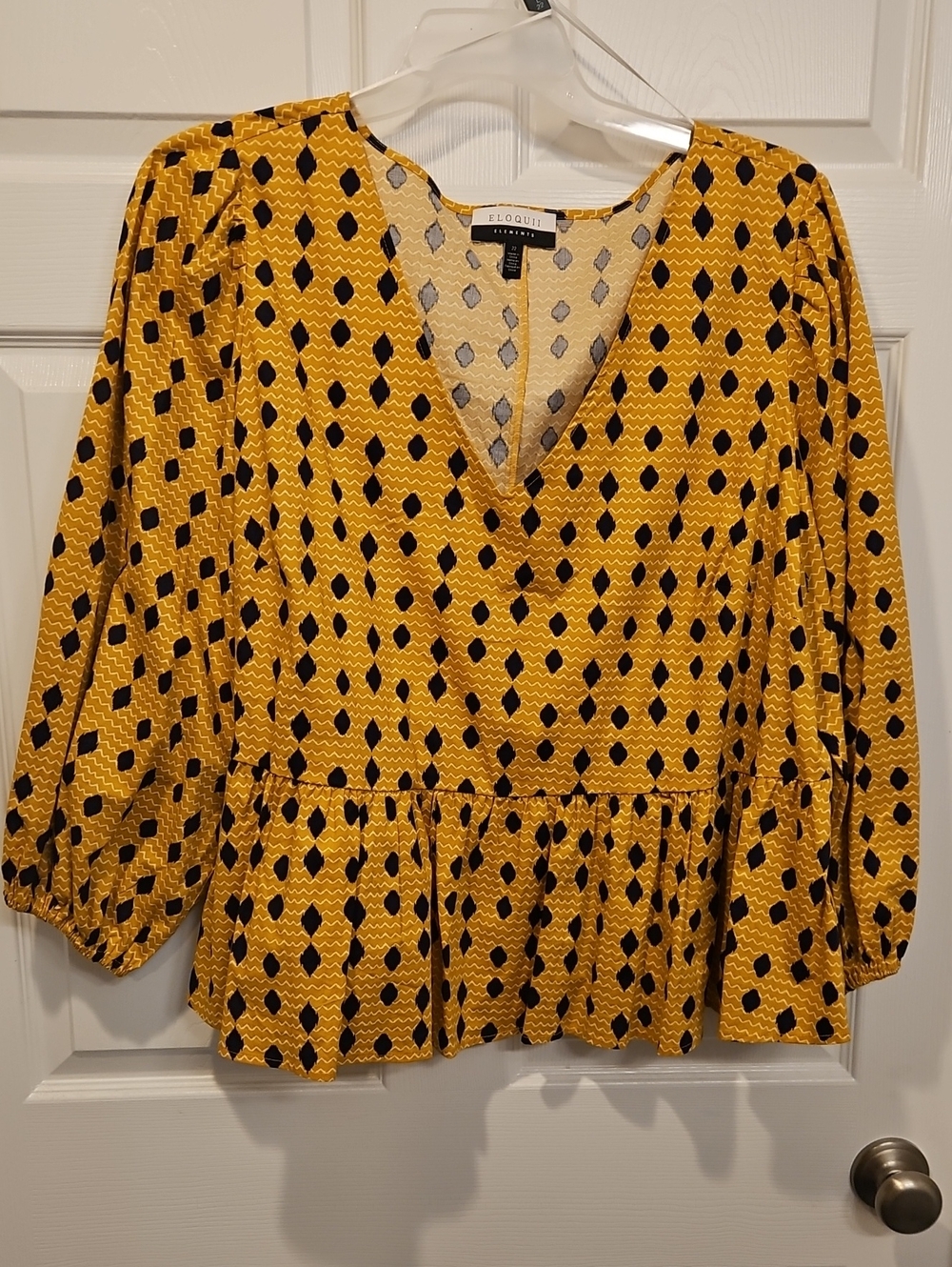 Eloquii Mustard Yellow and Navy V-Neck Peplum Blouse